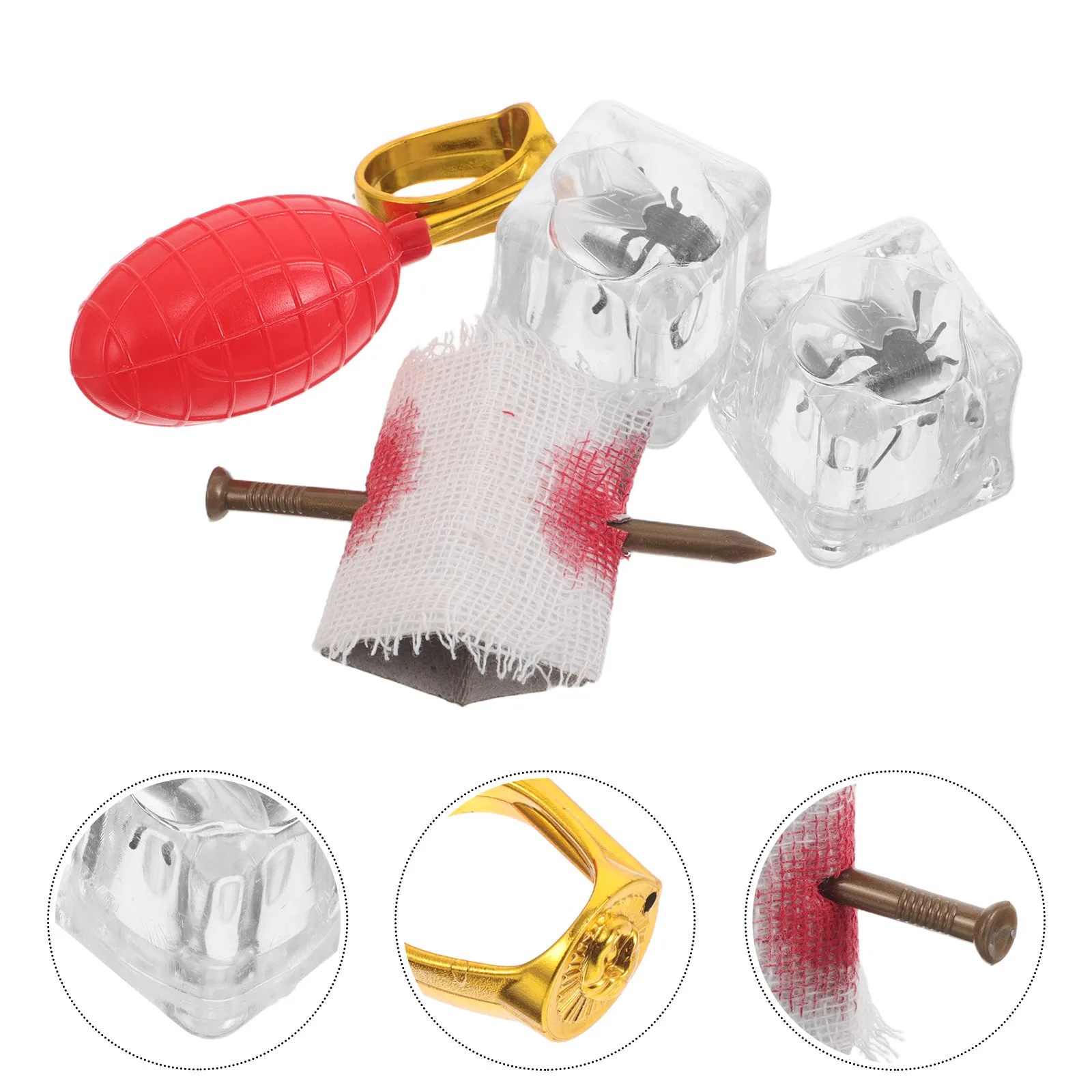 

4Pcs Halloween Prank Set Water Spray Ring Fake Nail Through Finger Ice Cubes with Bugs April Fools Party Scary Prank Props