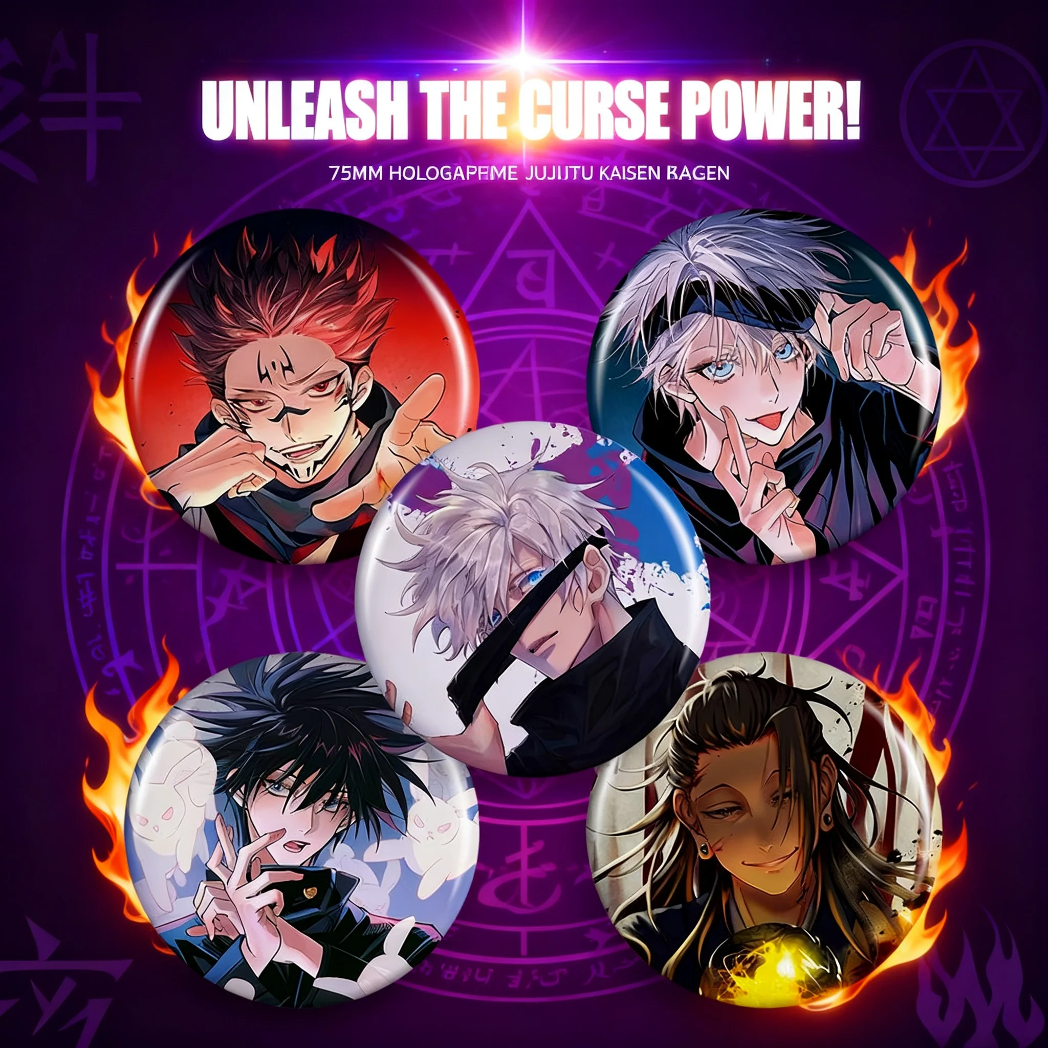 

Аниме-значок «Джуджуцу Кайсен» с лазерной гравировкой, 58-75 мм, мультяшная брошь-значок, аниме-мерч, коллекция для отаку, аксессуары для косплея, подарок для фанатов