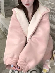 2024 Winter Korean Fashion Warm Sweet Coat Women Aesthetic Hooded Loose Casual Solid Outerwear New Harajuku Kawaii Chic Clothes