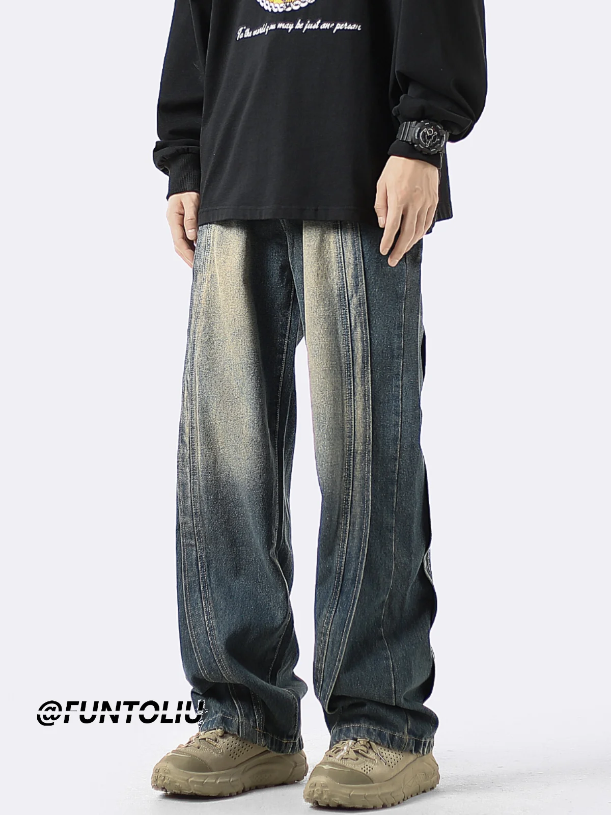 

Men's Spring Autumn Loose Straight Leg Jeans Distressed Washed Wide Leg Casual Long Trousers Splice Style Fashionable And Han...
