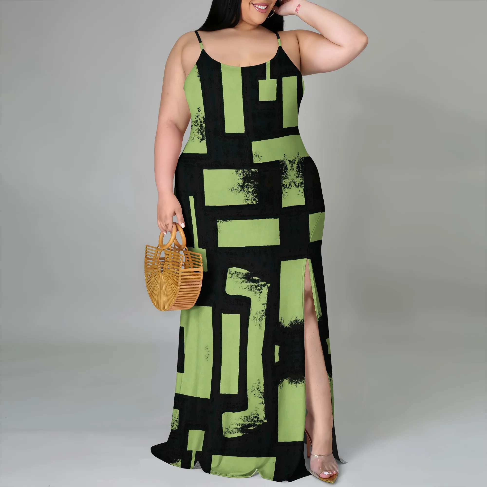 

Plus Size Strappy Maxi Dress with Abstract Geometric Print - XL-6XL Summer Dress with Side Slit for Beach & Outdoor Parties