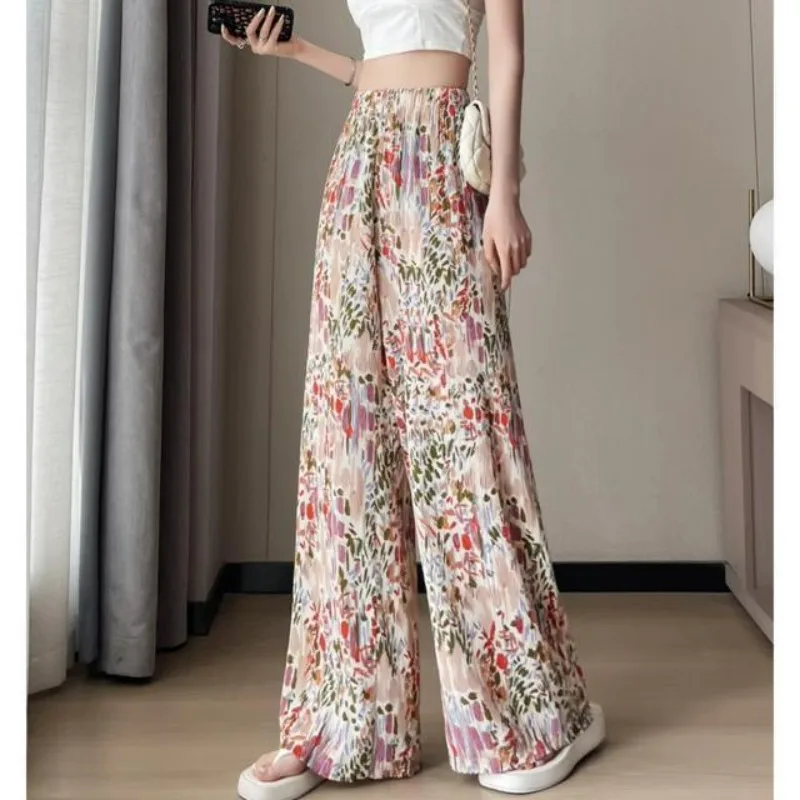 Summer New Thin Wide-leg Pants Women's Pad-dyed Color Design Casual Trousers Loose High Waist Drape Floor Pants