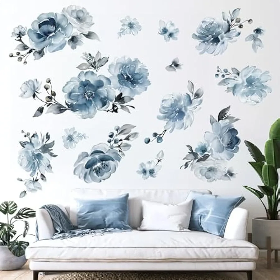 

Large Blue Flower Wall Decals Watercolor Floral Blue Peony Wall Stickers Bedroom Living Room Sofa TV Background Wall Decor
