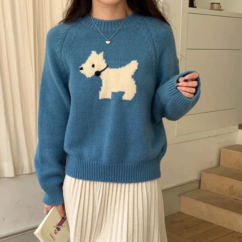 Korean Fashion Autumn Winter Round Neck Long Sleeved Pullover Lovely Puppy Sweater Women Tops Loose Casual Knitted Sweater
