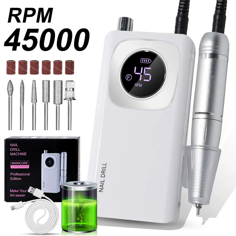 

LIMEGIRL Portable Charging Nail Drill Rechargeable Electric Nail File Machine Kit 45000RPM for Acrylic Gel Nails Polishing Salon