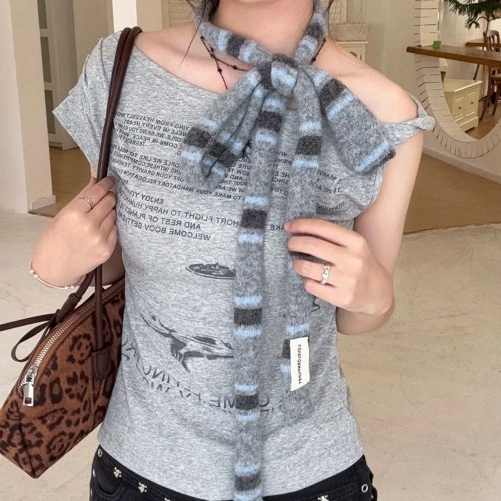 Korean Knitted Striped Skinny Scarf Stackable Wear Soft Decorative Scarf DIY Warm Strip Neck Scarf Women