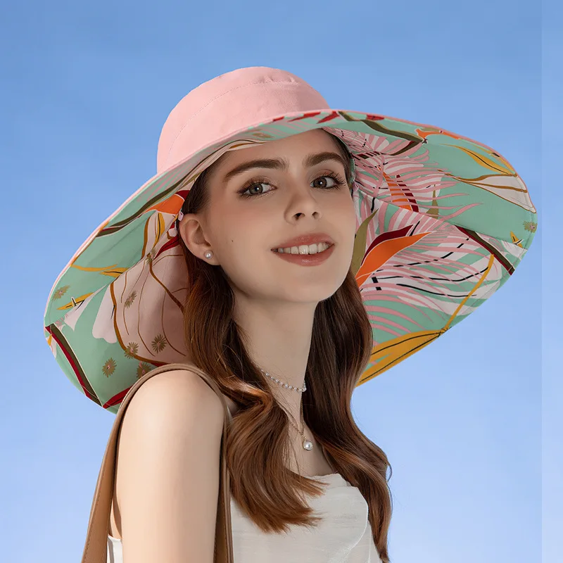 Sombrero de ala ancha de doble cara para mujer, protección solar, gorra de playa de flores, elegante protector solar para exteriores, novedad de