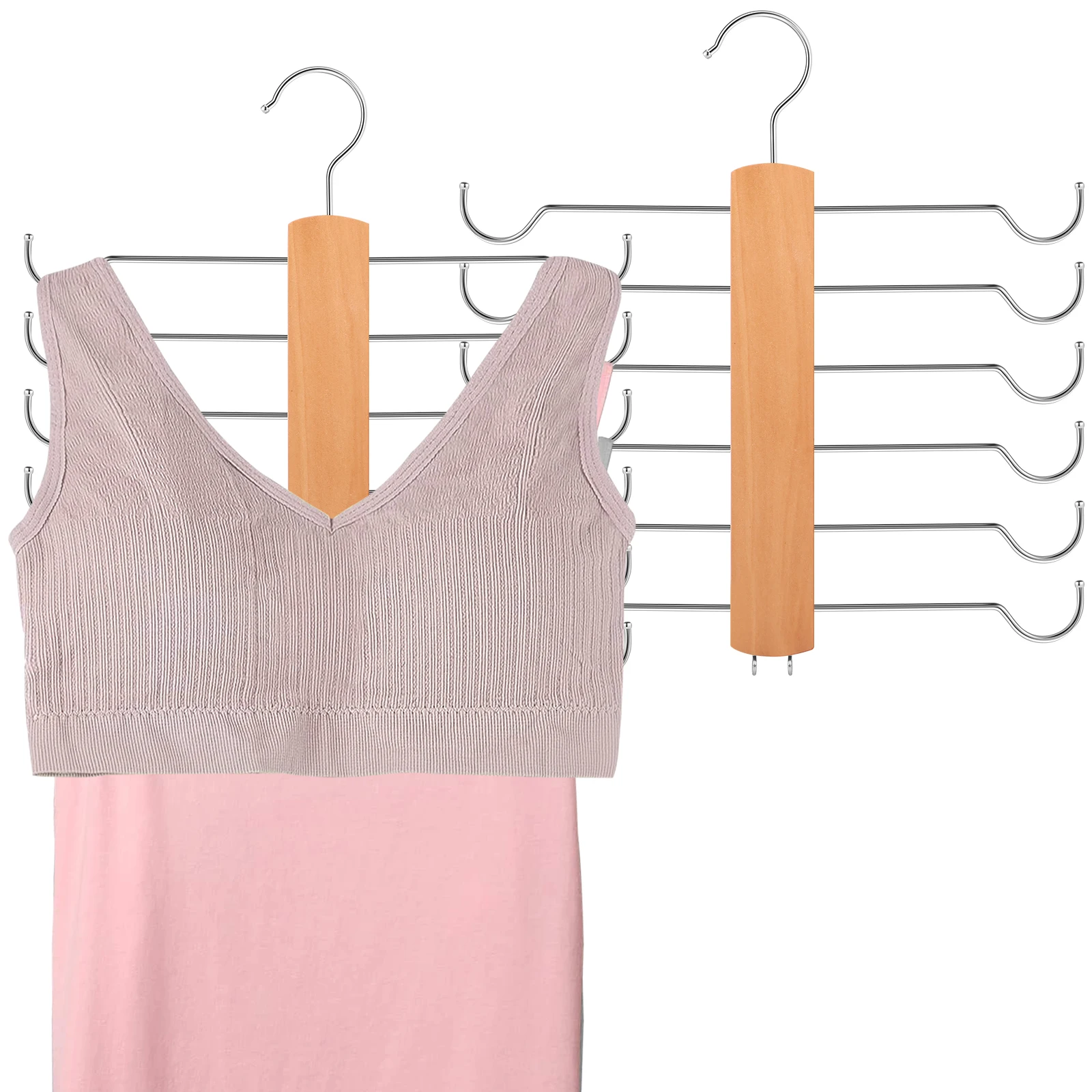 2/4Pcs Tank Top Hangers Foldable Bra Hangers with 24/48 Hooks Wooden Bra Organizer Space Saving Lingerie Hangers Detachable