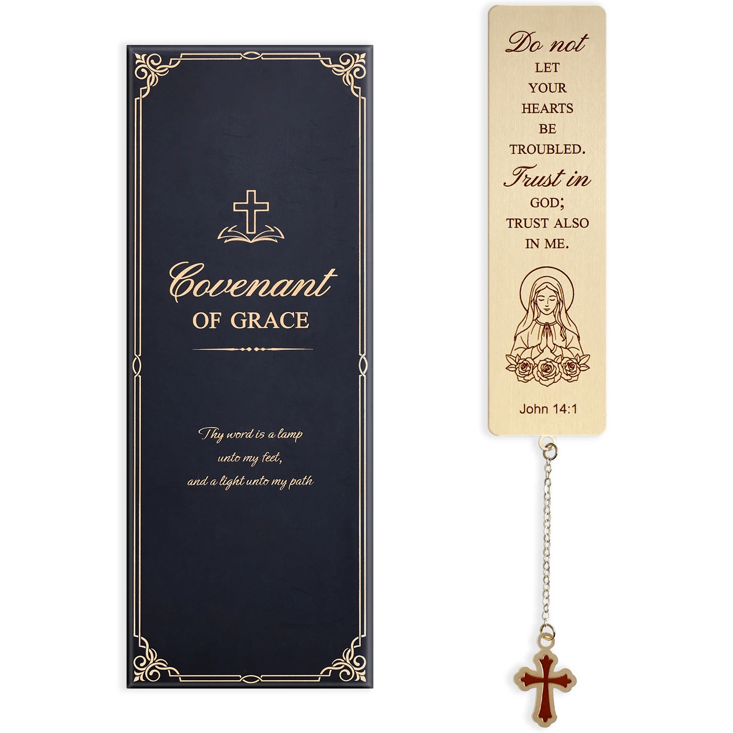 Virgin Mary Brass Bookmark, Religious Book Mark with Cross Chain, Inspirational Faith Gift for Women