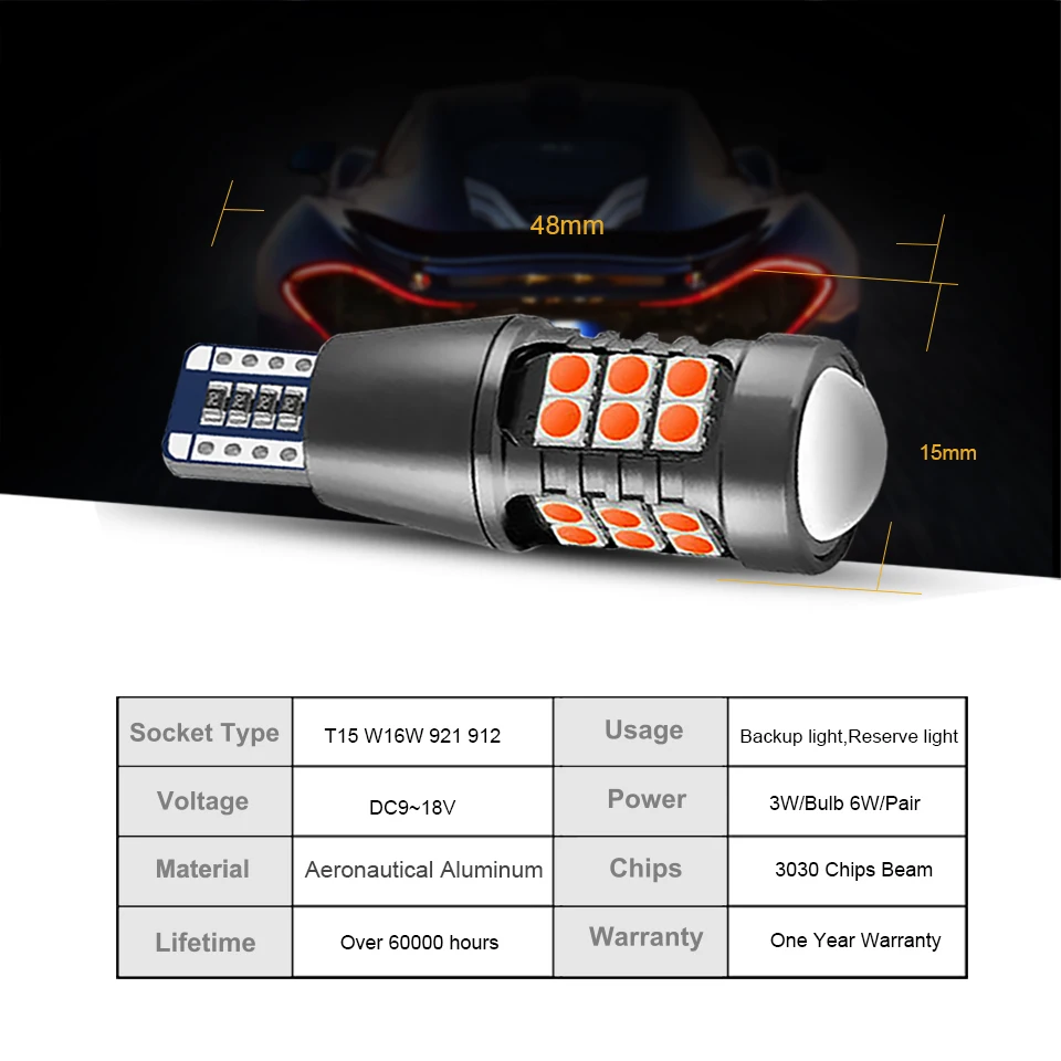 ANMINGPU-Carro Lâmpadas LED, T15, W16W, WY16W, Canbus, nenhum erro, Backup Auto reserva luzes, cauda lâmpada de freio, 3030, 27SMD, âmbar, vermelho,