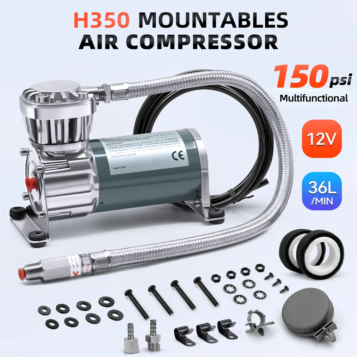 工業用小型エアコンプレッサー、12V/24V 150PSI、IP67、フィルター付き 