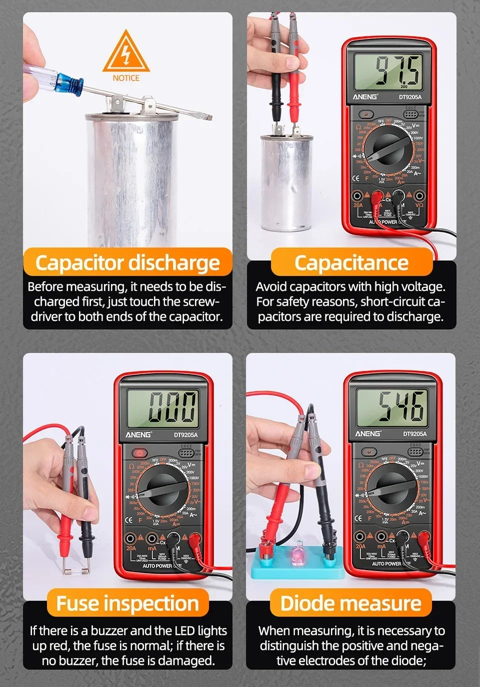 Professionelles Multimeter-Testgerät ANENG 1999 Counts Digital DT9205A-12 AC-Spannungsmessgeräte Hochpräzise Elektriker- und Mechanikerwerkzeuge – Detail 11