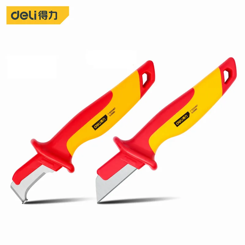 Deli 1000V Insulated Electrician Knife Cable Stripping Knife Straight Curved Hook Fixed Blade Wire Stripper Tool for Electrician