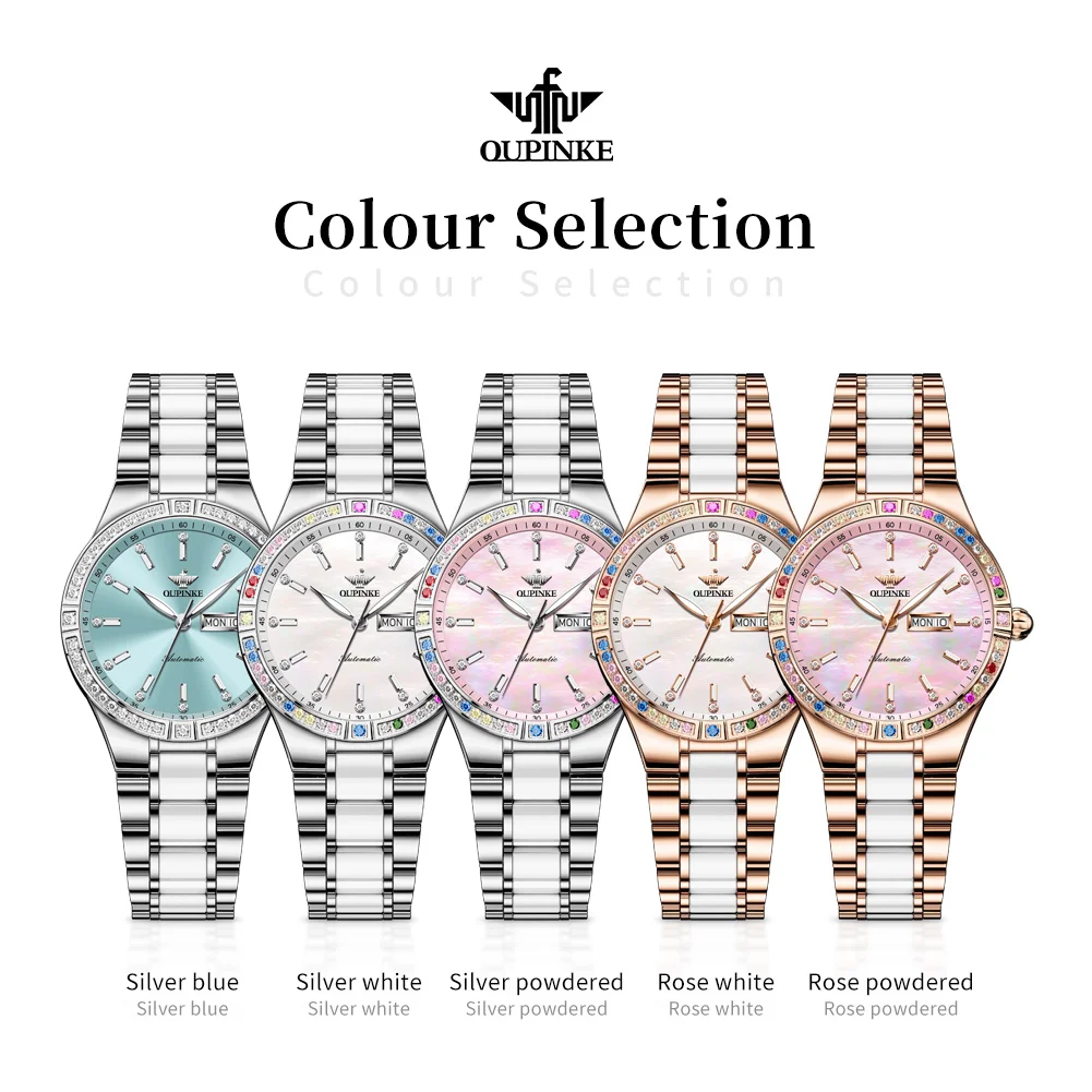 OUPINKE Women\'s Watches Waterproof Rainbow Diamond Dial Imported Movement Automatic Mechanical Watch for Lady Original Luminous