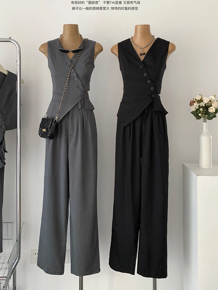 

Women Vintage Aesthetic Office Lady Old Money Outfits 2 Piece Set Single-breasted Irregular Vest + Solid Baggy Wide Leg Pants