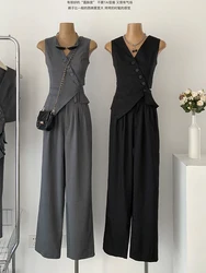 Women Vintage Aesthetic Office Lady Old Money Outfits 2 Piece Set Single-breasted Irregular Vest +  Solid Baggy Wide Leg Pants