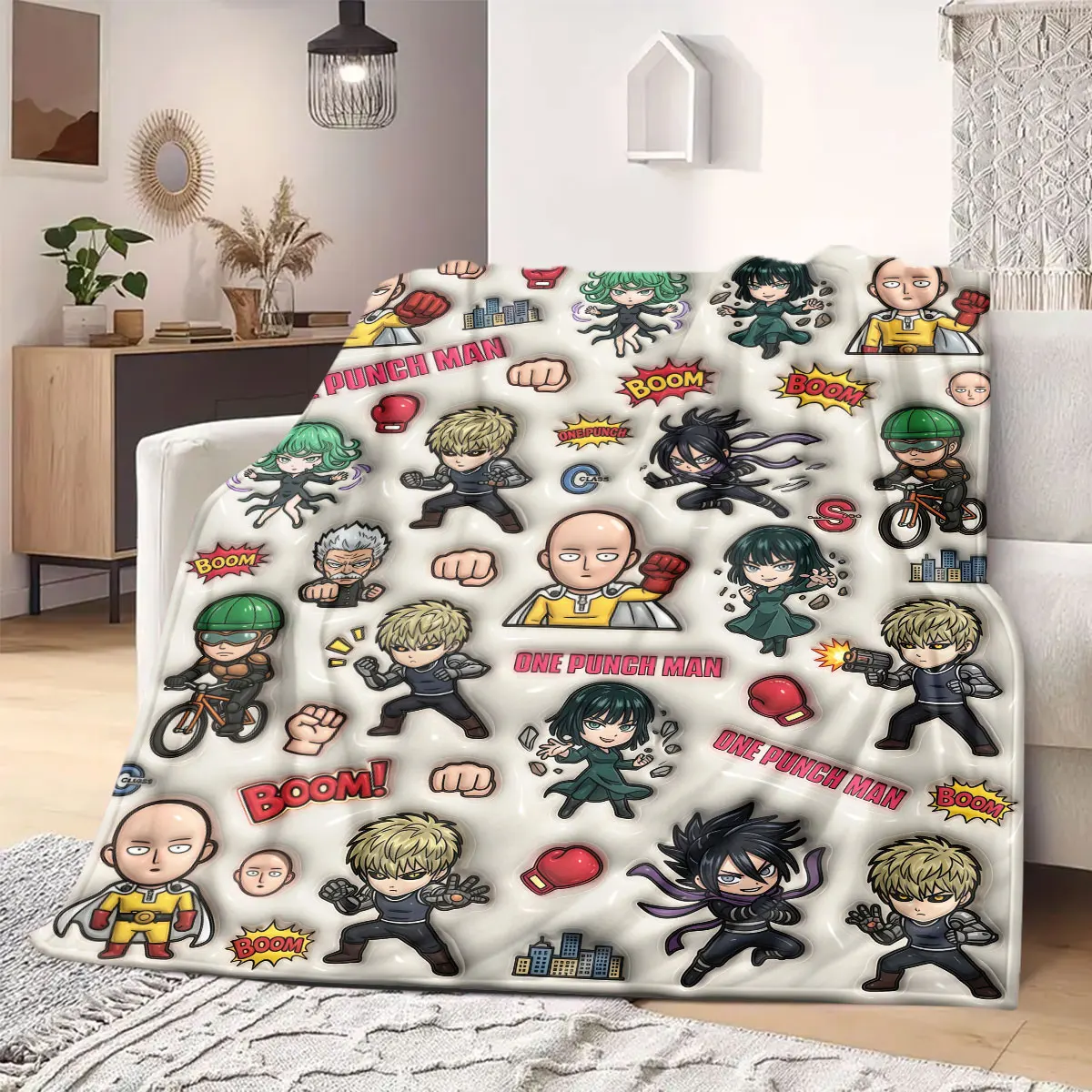 One Punch Man Bright Cartoon Flannel Blanket, Printed Style for Sofa Bed, Comfortable Bedroom Decor, Outdoor Picnic_LIAN