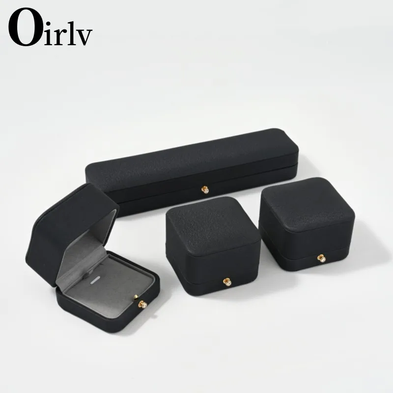 Oirlv Luxury Round Corner Dark Blue PU Leather Microfiber Ring Earring Pendant Bracelet Long Chain Box for Woman Jewelry Case