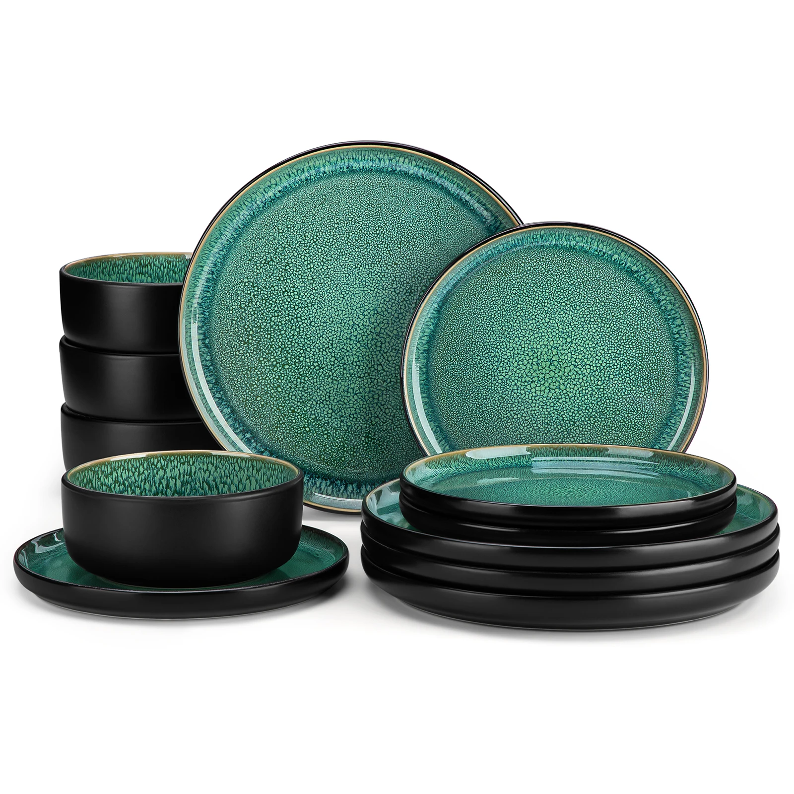 vancasso 12/24 Piece Ceramic Dinner Set Green Reactive Glaze Mediterranean Crockery Set with 4/8PCS Dinner Plate/Dessert/Bowl