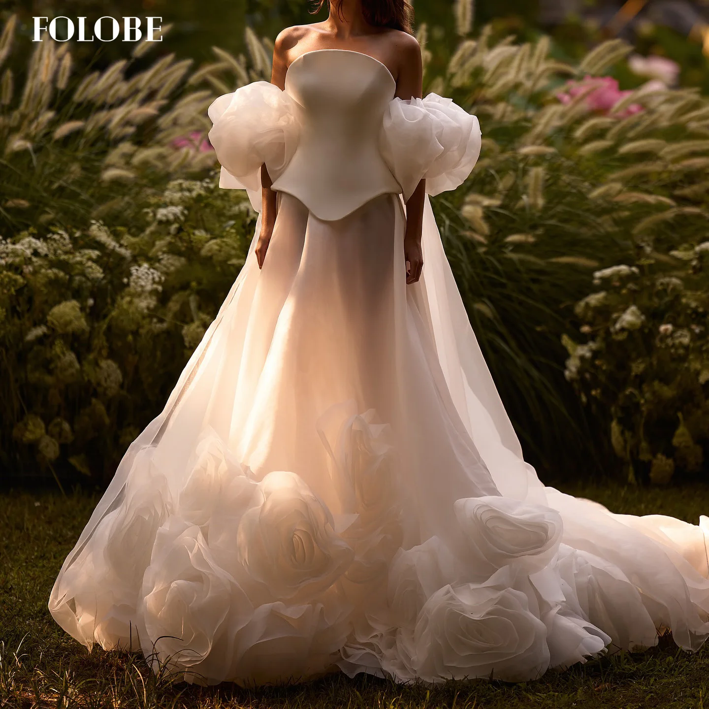 فستان زفاف FOLOBE فاخر بدون حمالات على شكل زهور بدون أكمام أبيض على شكل حرف a فساتين زفاف أنيقة للعروس والنساء حسب الطلب #1