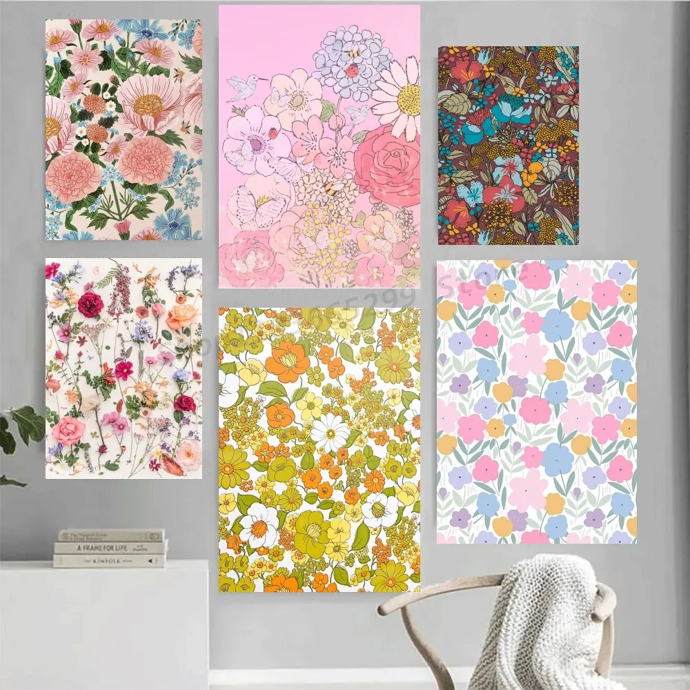 1pc 53 Kinds Of Flowers Illustrations Retro Poster Self-adhesive Art Waterproof Paper Sticker Coffee House Bar Room Wall Decor