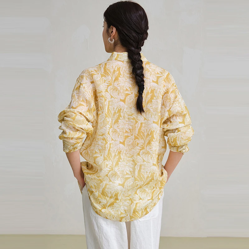 100% leinen Frauen Langarm-shirt Neue Ankunft 2025 Frühling Vintage Stil Floral Print Lose Weibliche Casual Tops Shirts M1558