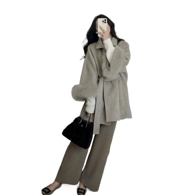 

Design Sense Women's Double-sided Coat Women' Senior Temperament Socialite Lace-up Korean Small Woolen Coat Tide Sweet and Fresh