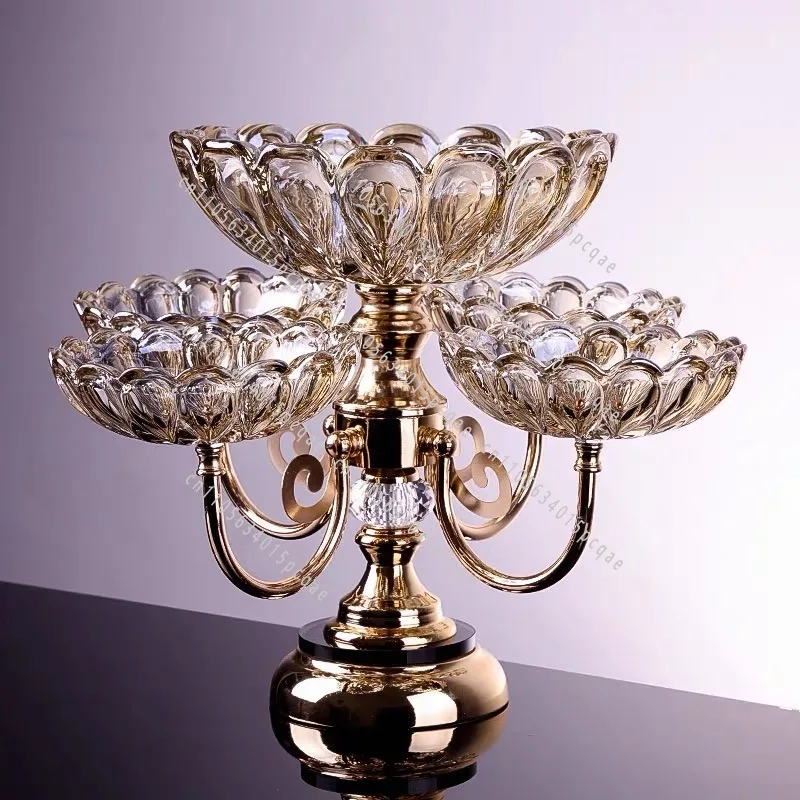 European-style Gold Metal Crystal Dried Turkish Fruit Plate Set, Luxury Gold Metal Glass Fruit Display Plate