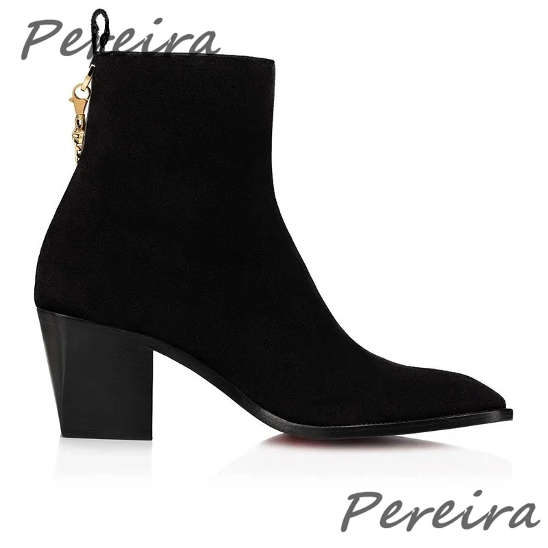 Men Suede Ankle Boots Gold Chain Black Red Velvet Pointed Toe High Heel Shoes Luxury Genuine Leather Side Zipper Chelsea Boots view 3