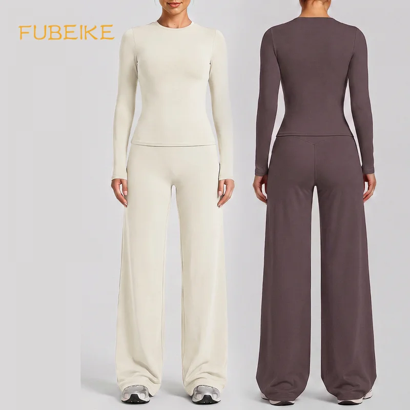 Women Slim Fit Long Sleeve Yoga 2 Piece Set Quick Dry Sports Top High Waist Loose Straight Leg Pants Fitness Outfit Activewear