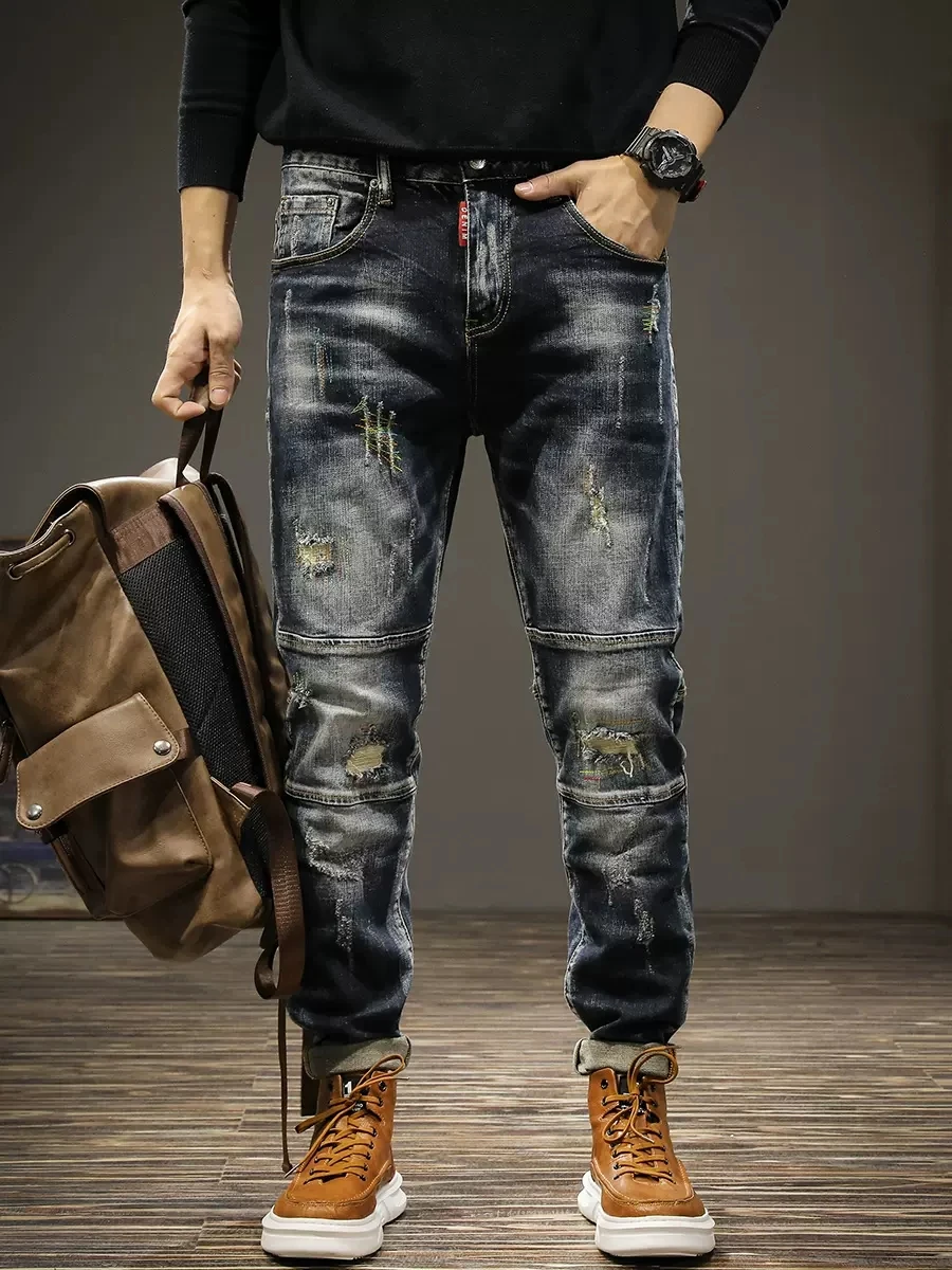 Jeans di alta qualità da uomo di moda di strada Jeans elasticizzati Slim Fit divisi Designer pantaloni in Denim blu e nero retrò Hombre