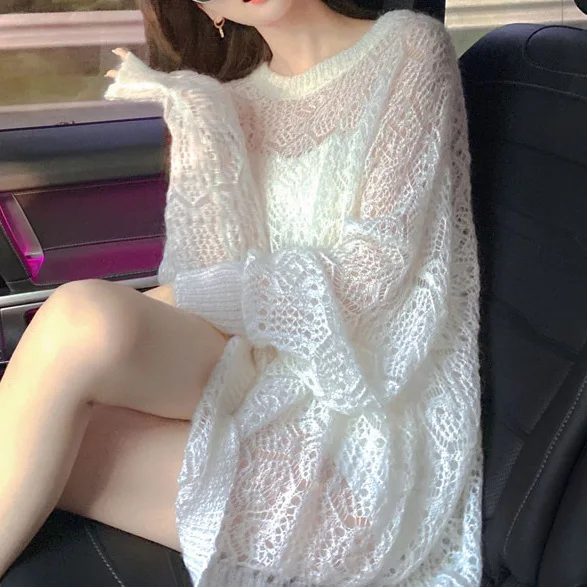 Pullovers women sweater 2026 casual Spring/Summer new gentle fairy-patterned blank mid-length solid color top women's clothing