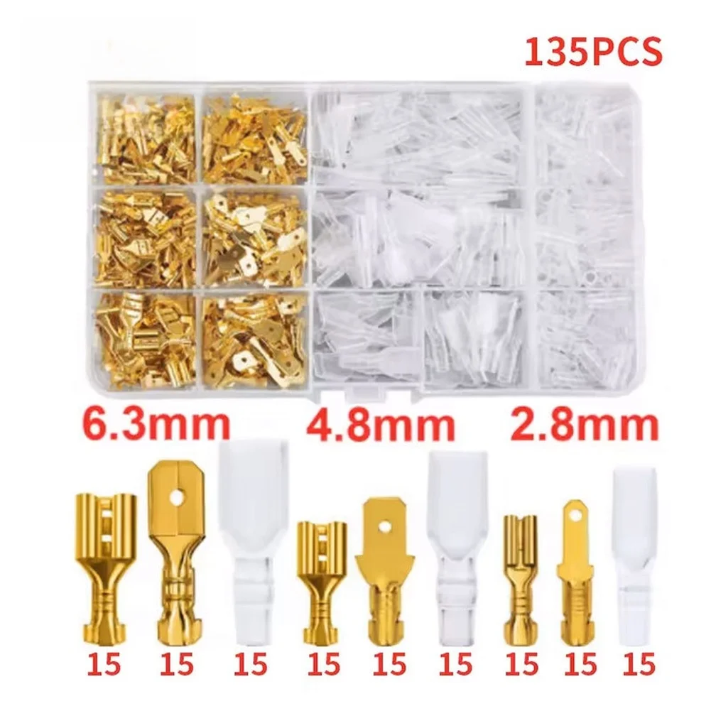  135PCS Gold Crimp Terminal Connector Pliers Cold Press Electrical Wire Connector 2.8/4.8/6.3mm Crimp Terminal Connector