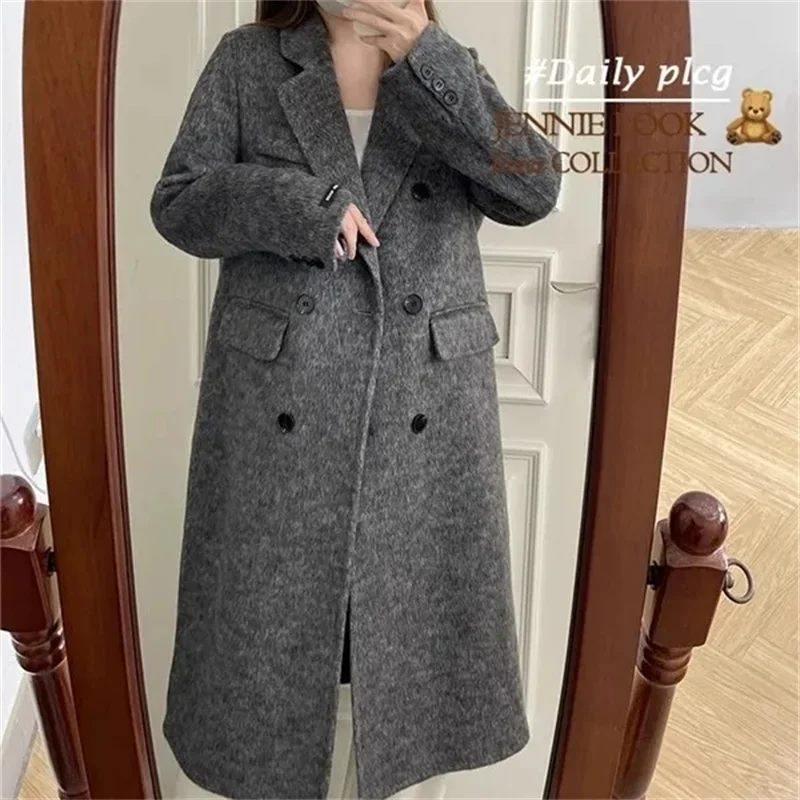 

Women Woolen Coat Double-breasted Basic Loose Casual Retro New Long Double-sided Female Overcoat Autumn Winter