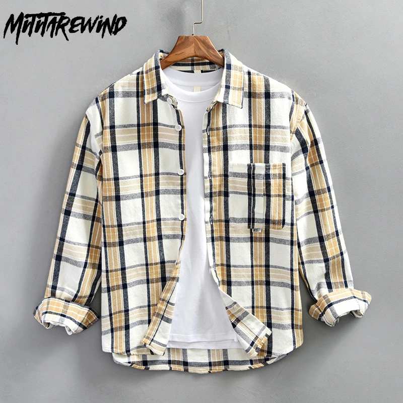 

New Mens Plaid Shirts Spring Autumn Loose Workwear Casual Lapel Pocket Pure Cotton Long Sleeve Shirt Fashion Top Vintage Clothes