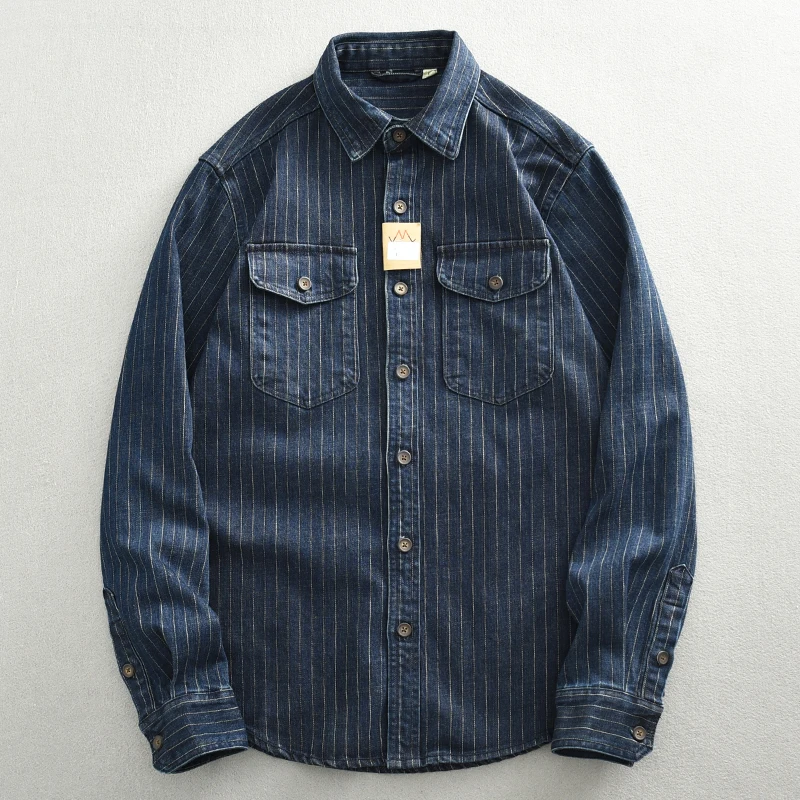 Heavy wash striped denim shirt Men\'s May Khaki autumn cargo coat vintage loose plus size shirt