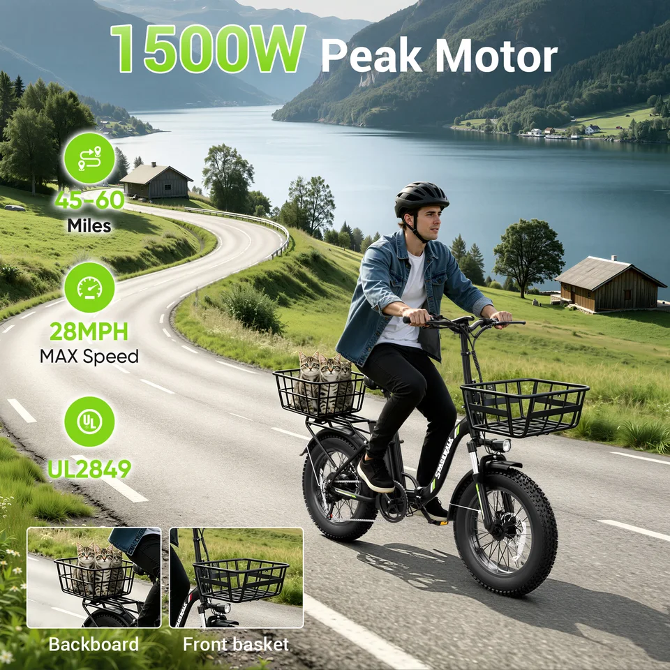 Spacewalk 1500W Foldable Electric Bike for Adults 20x4.0 Folding E-Bike 48V 15Ah Removable Battery 28MPH Long Range 45-60 Miles 7-Speed Gears 5 PAS with NFC Unlock image 3