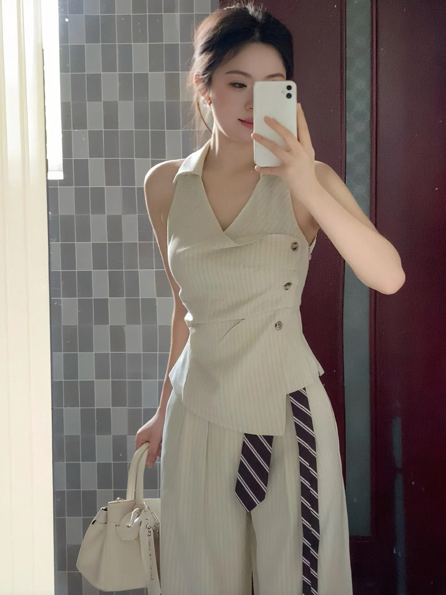 

Retro Money Style Women's Summer Sleeveless Vest Top Striped Wide Leg Pants High Waist Fashion Set Casual Commute Wind