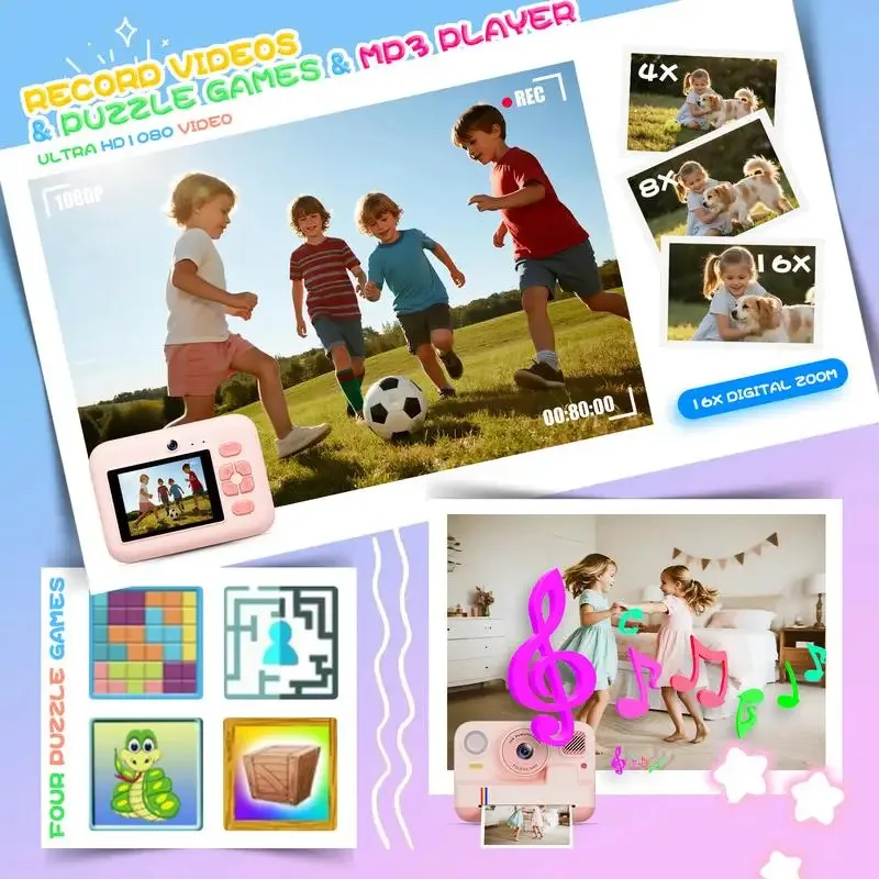 2026 NEW Kids Digital Camera with Instant Print-Dual Lens 1080P HD Selfie Video 32GB For Girls Boys Ages 3-12 Digital Kid Camera