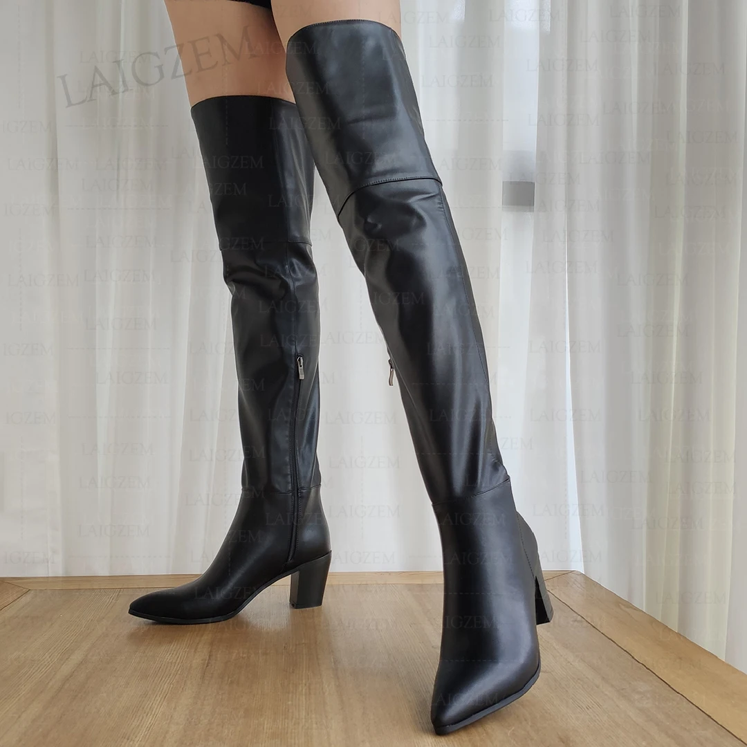 DOHBANER Women Over Knee Boots Real Leather 7.5CM Square Heels Tall Boots Ladies Side Zip Lady Shoes Woman Big Size 36 43 45 46