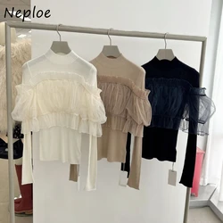 Neploe Half-high Collar Long Sleeve Sweet Fresh Pullovers Patchwork Slim Fit Solid Voile Jumper Japanese New Fashion Knitwear