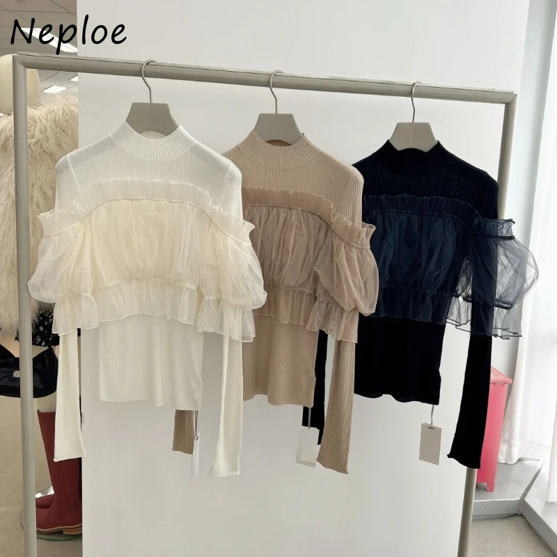 Neploe Half-high Collar Long Sleeve Sweet Fresh Pullovers Patchwork Slim Fit Solid Voile Jumper Japanese New Fashion Knitwear