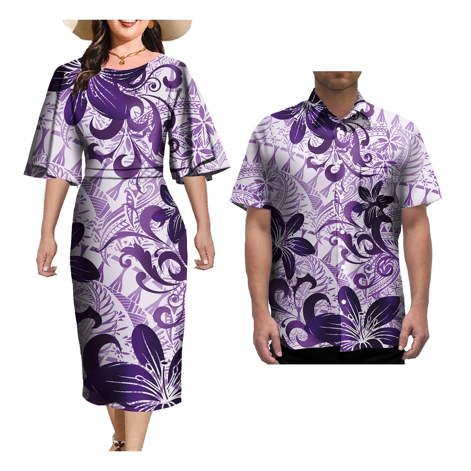 Couple Set Samoan Outfits Plus Size Aloha Shirts And Elegant Women Bodycon Dress Polynesian Couple Matching Clothes 2 Pcs Set