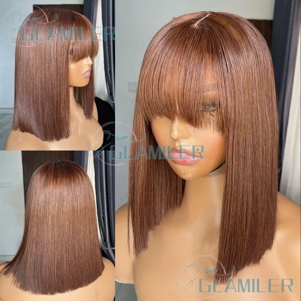

Pre Plucked 360/Full Lace Bob Wigs 200% Density Fringe Human Hair Short Bob Wigs Brown 5x5 Silk Base Closure Wigs With Bangs