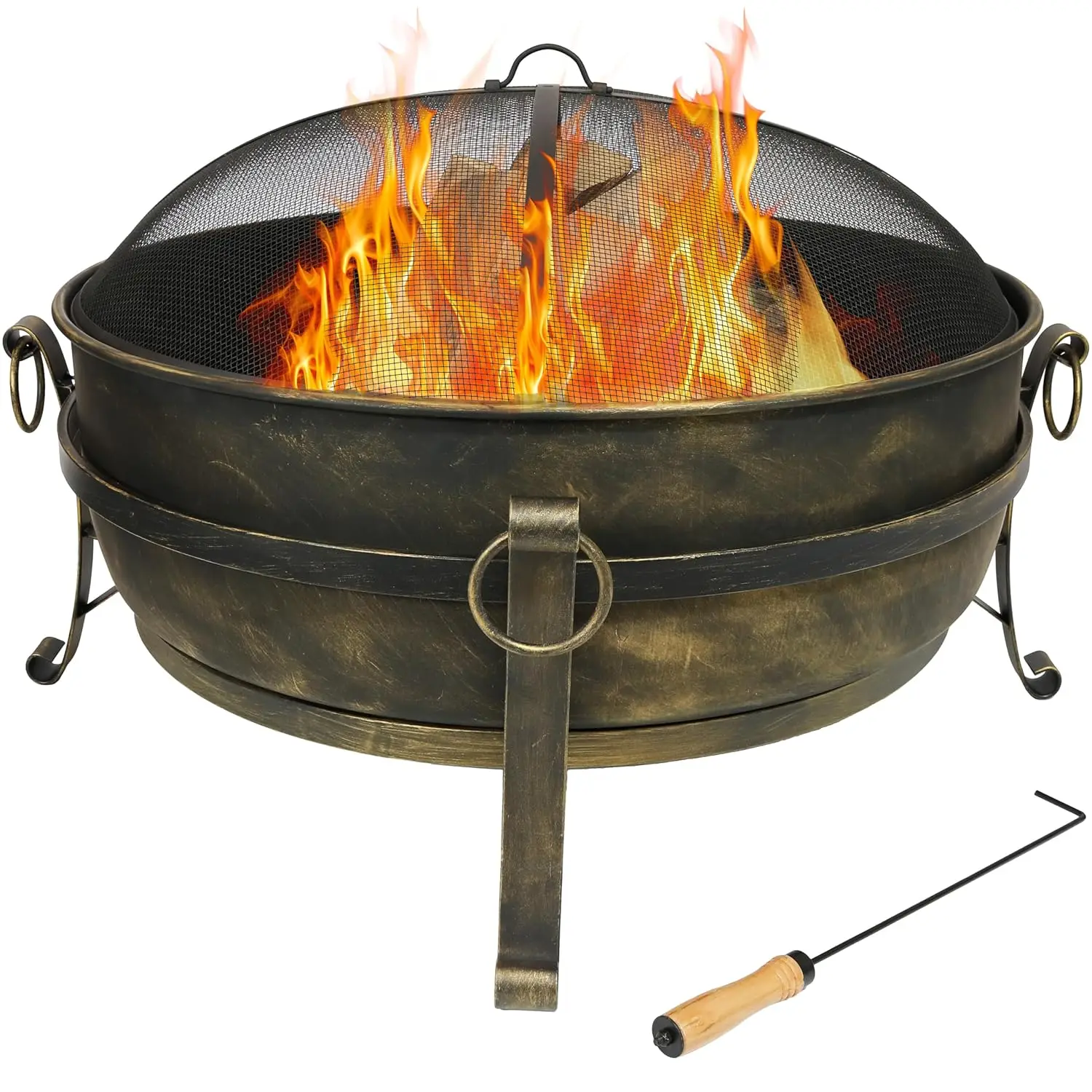 Cauldron Style, Includes Spark Screen, Poker Tool, & Wood Grate, Outdoor Firepit Bowl for Patio or Deck, Backyard Bonfire Pit