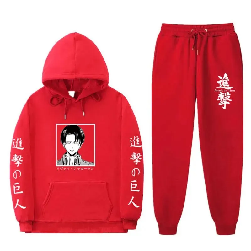 Japanese Anime 2-Piece Set Attack Titan Printed Winter Sweatshirt + Drawstring Pants Hoodie Suit Casual Long Style