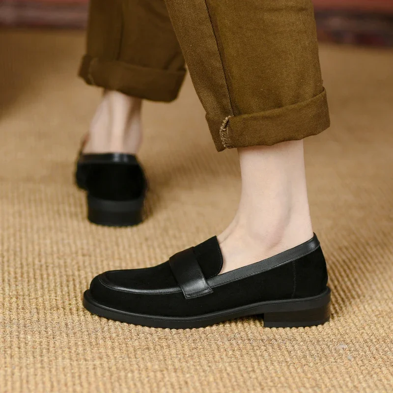 New Spring Sheep Suede Women Shoes Retro Round Toe Loafers Casual Thick Heel Slip-On Shoes for Women Zapatos Mujer Women Pumps