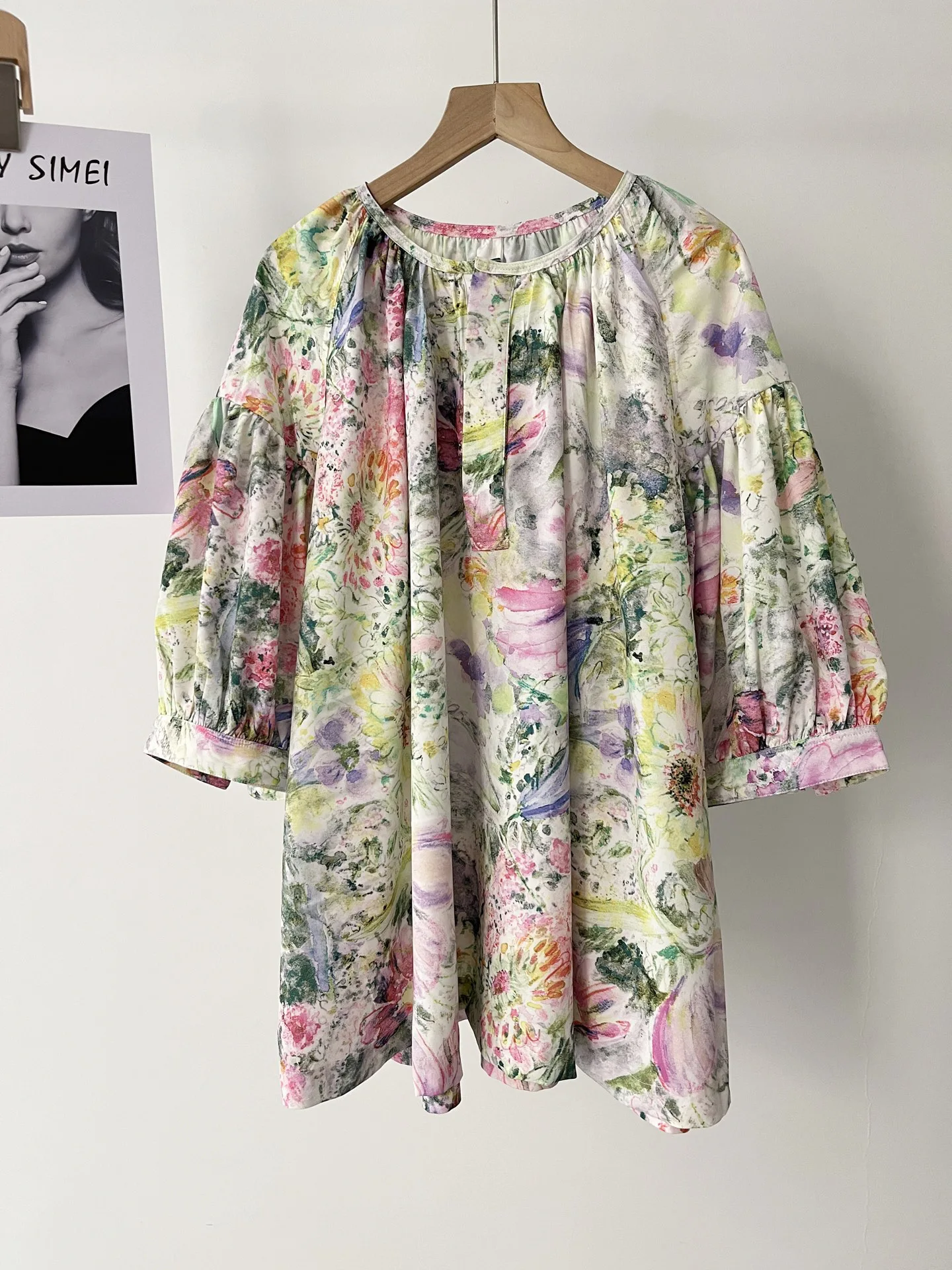 

Summer round neck loose French temperament flower print floral shirt doll shirt top women 43b-0847