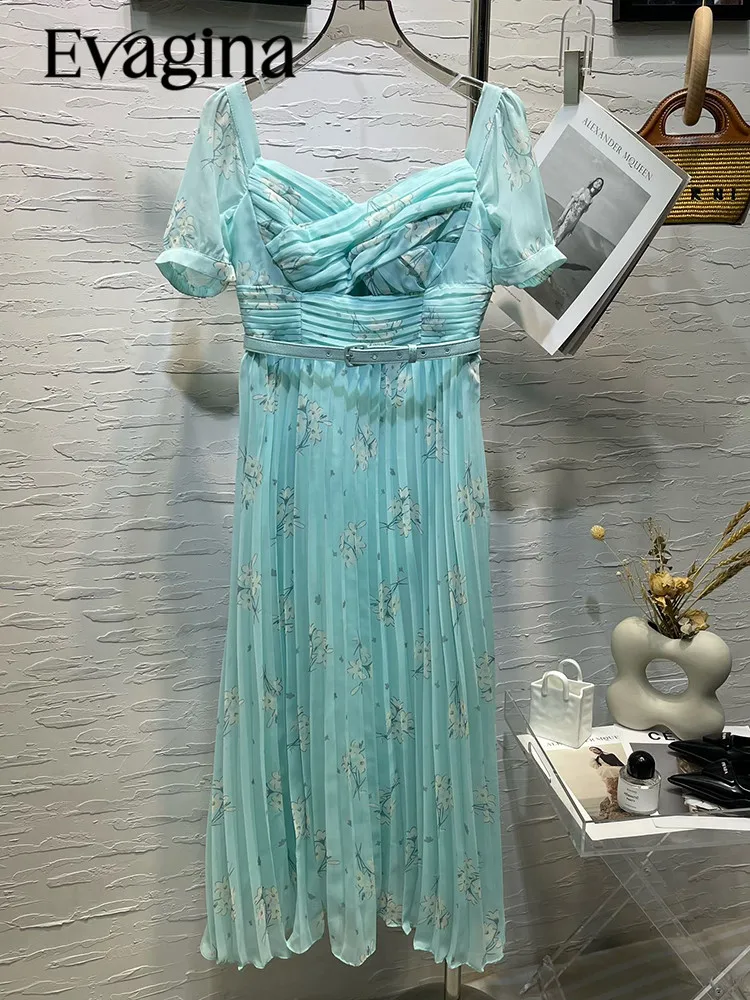 

Evagina Spring/Summer Polyester Flower Print High Waist Square Collar Slim Sky Blue Pleated Long Dress