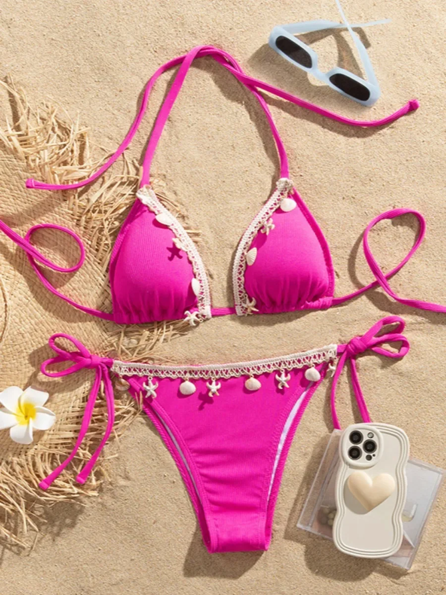 2025 New Solid Color 2 Piece Shell Swimsuit Women's Sexy Lace-up Triangle Halter Backless Swimwear Beach Vacation Bathing Suit